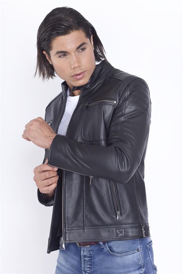 Yakasız Siyah Gerçek Deri Mont