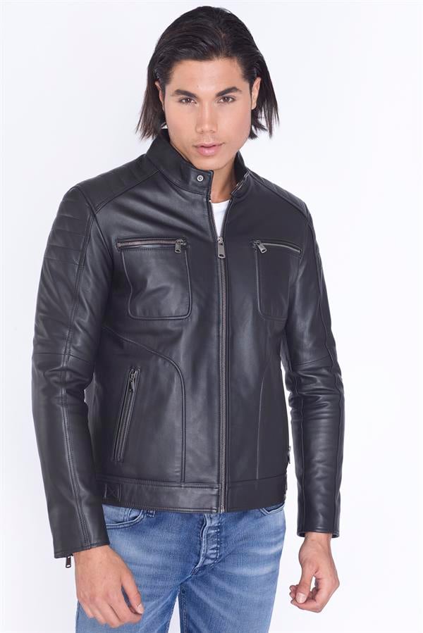 Yakasız Siyah Gerçek Deri Mont