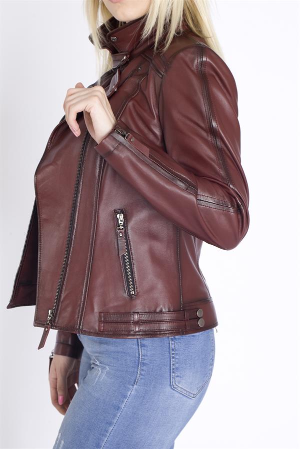 Yandan Fermuarlı Gerçek Deri Mont