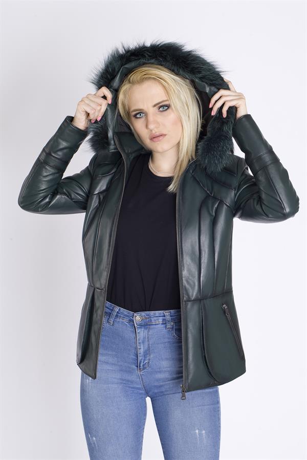 Yeşil Bayan Kuzu Deri Mont