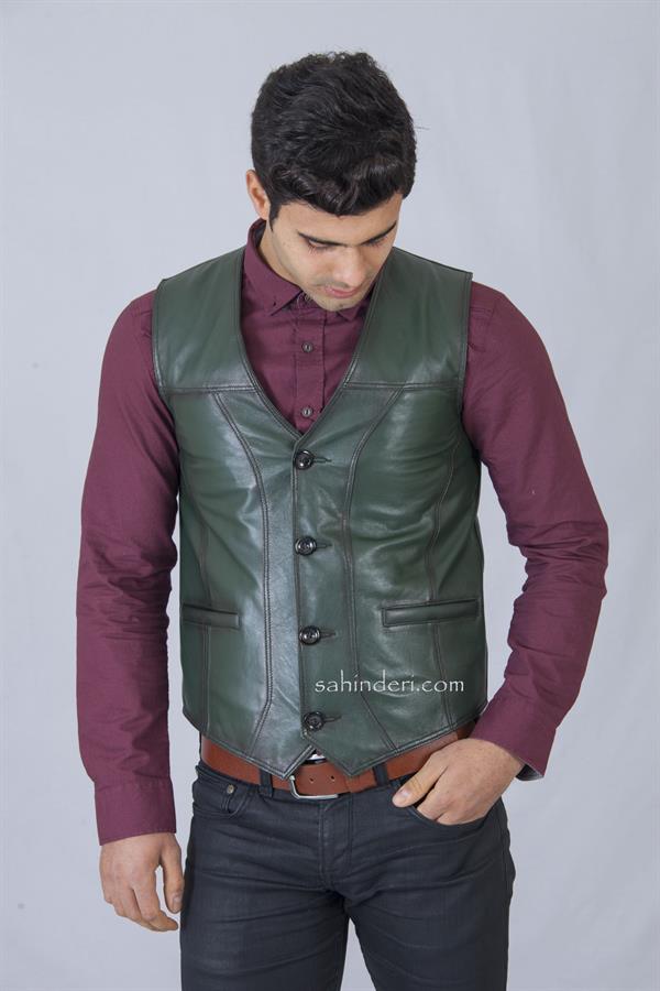 Yeşil Sade Erkek Deri Yelek
