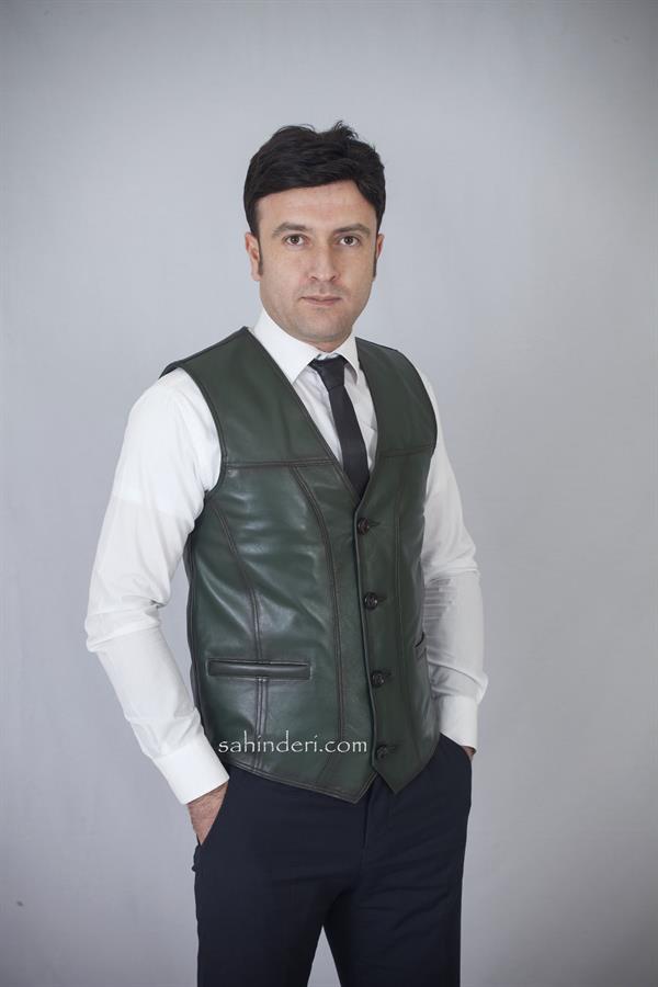 Yeşil Sade Erkek Deri Yelek