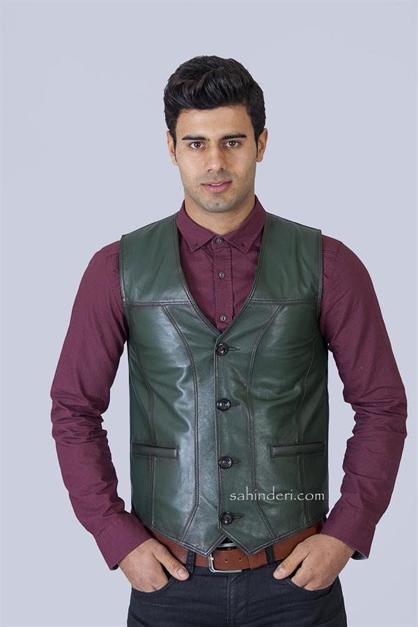 Yeşil Sade Erkek Deri Yelek