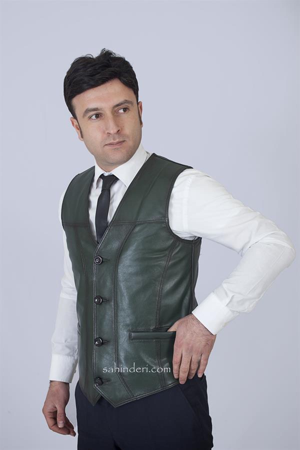 Yeşil Sade Erkek Deri Yelek
