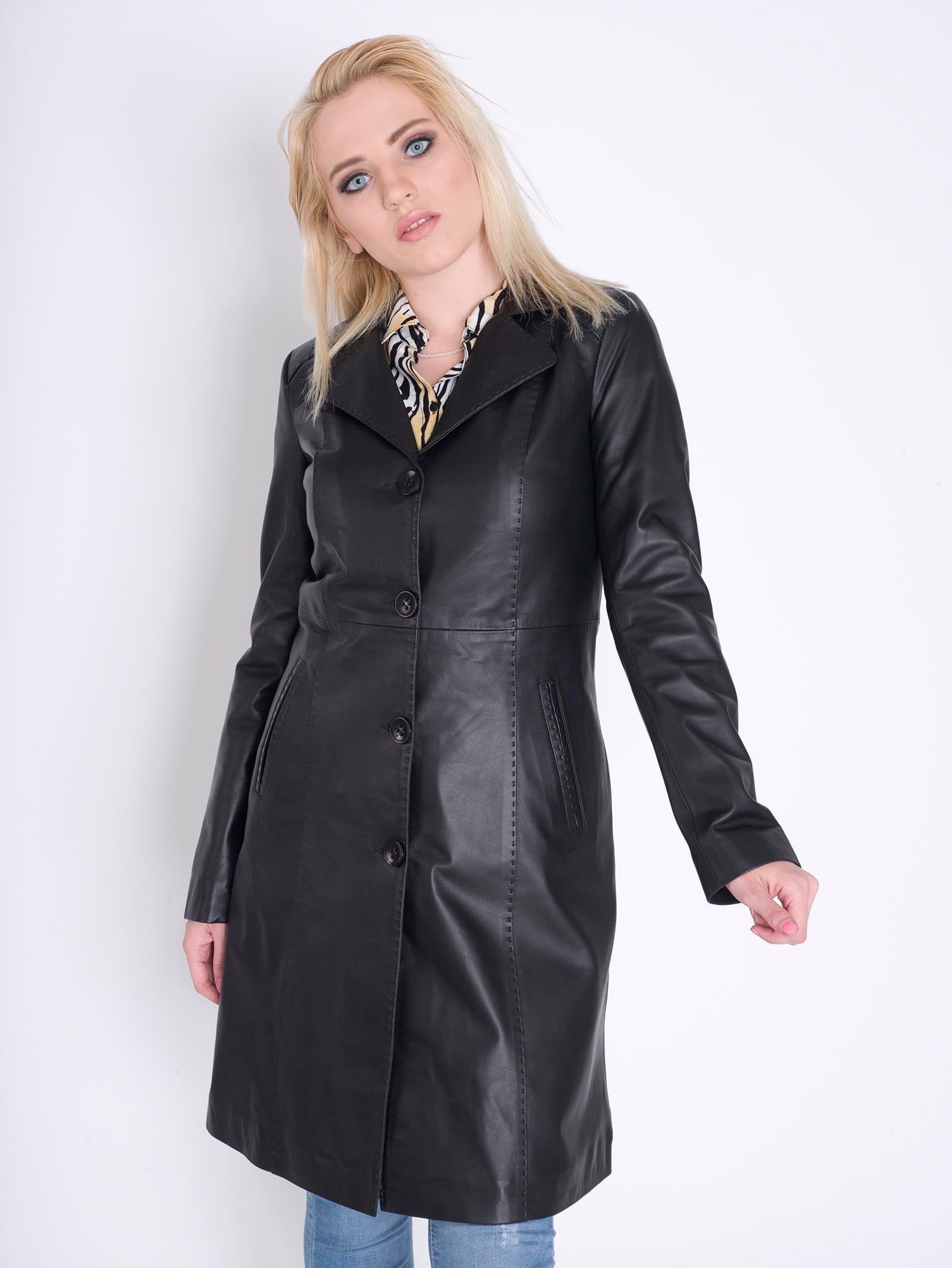 Bayan Siyah Deri Trençkot