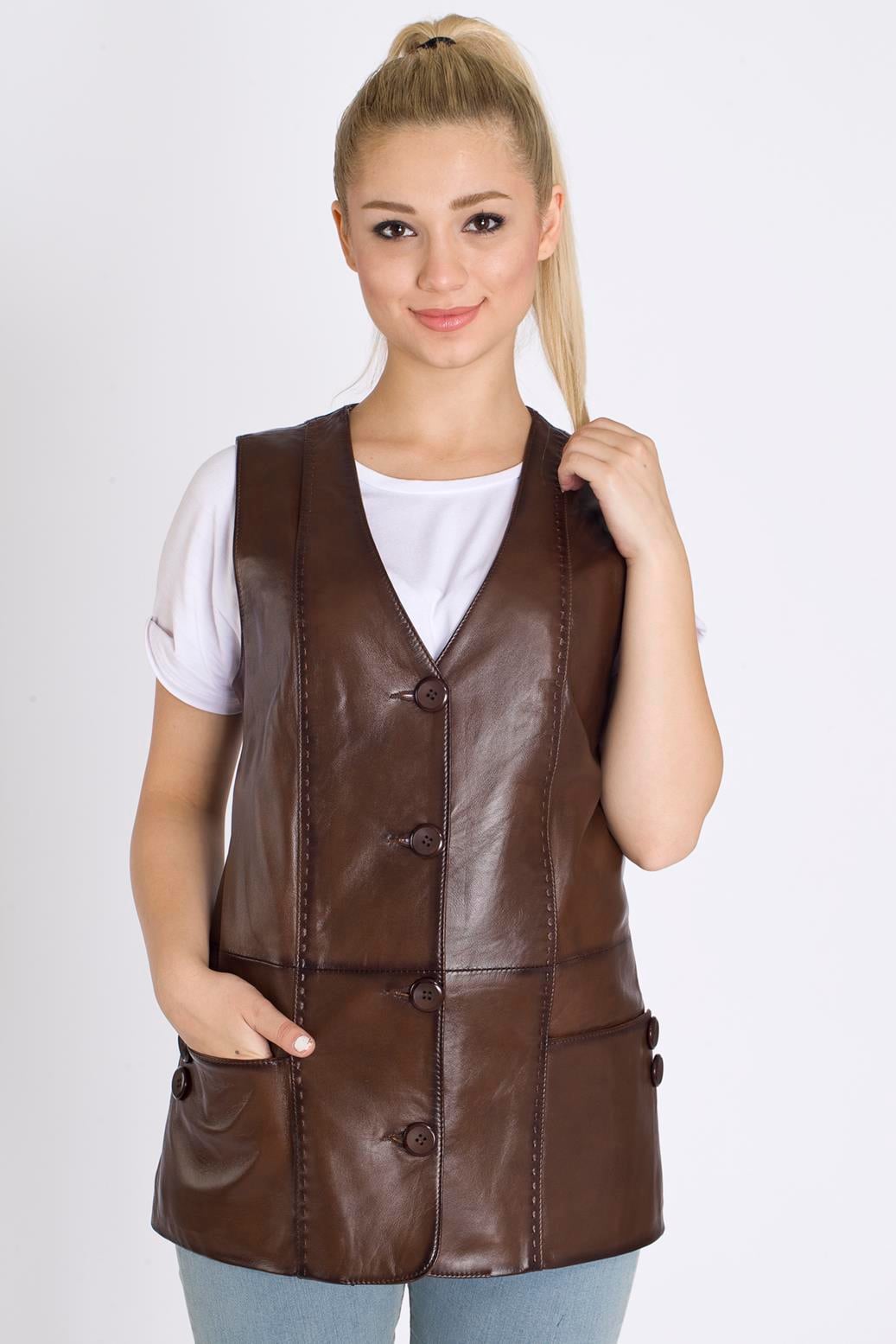 Bayan Uzun Hakiki Deri Yelek