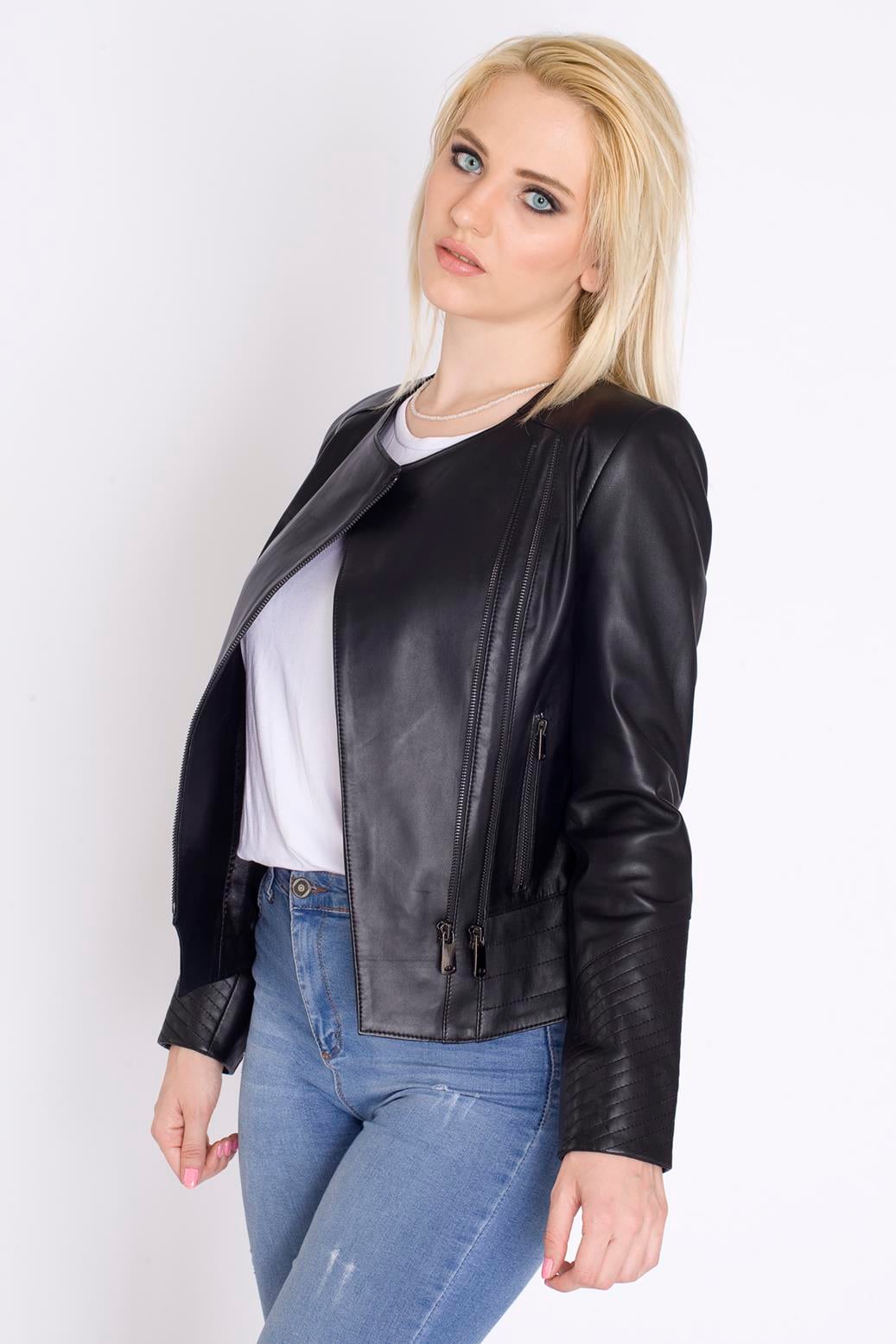 Bayan Yakasız Deri Mont