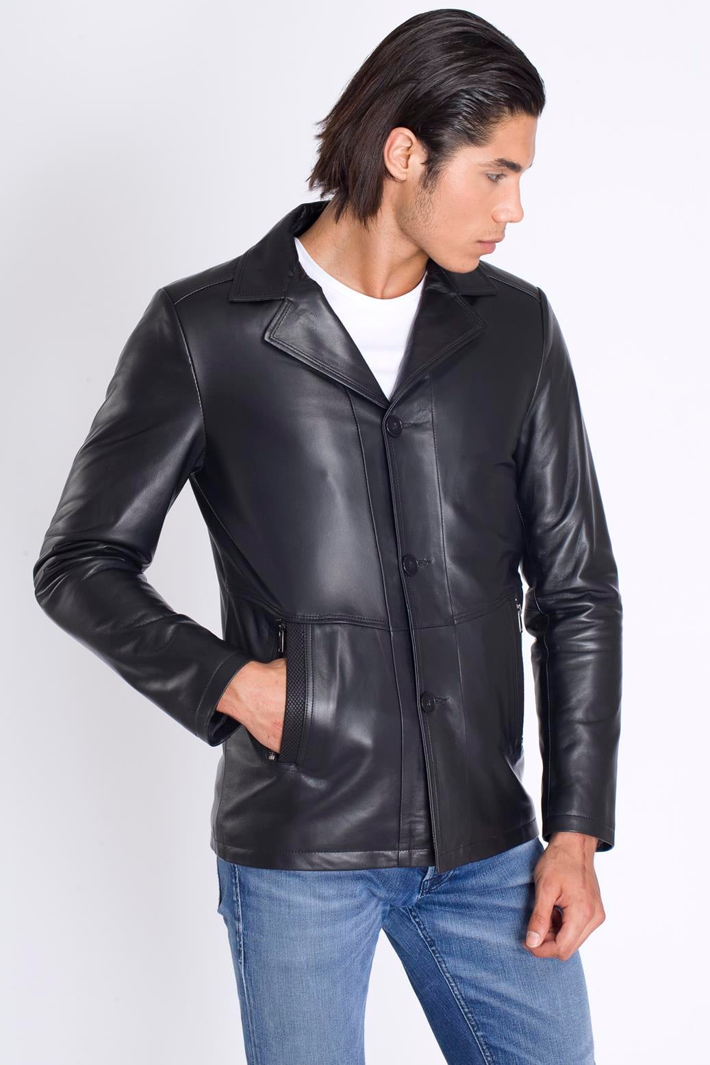 Erkek Siyah Düğmeli Deri Mont