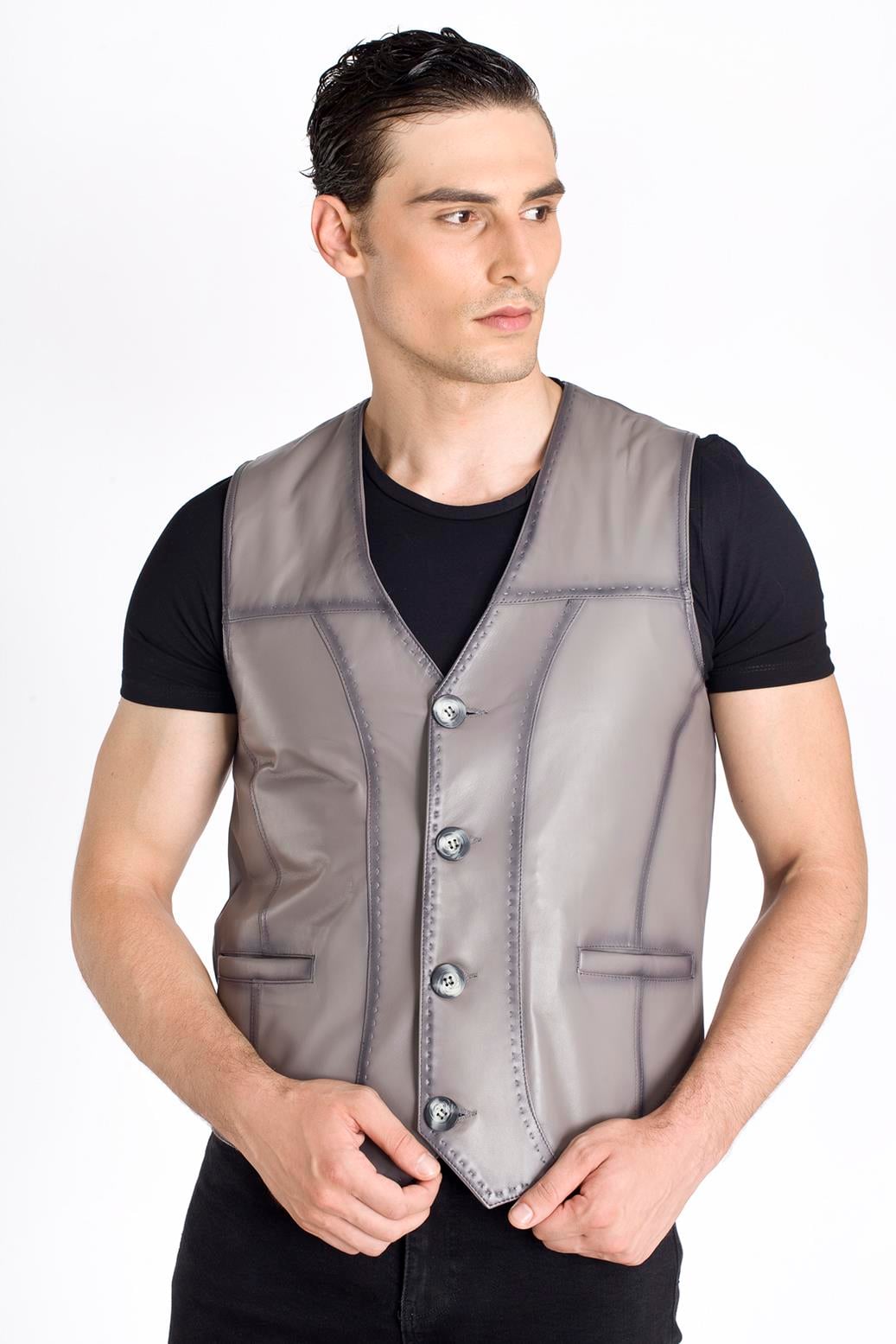 Gri Gerçek Deri Yelek