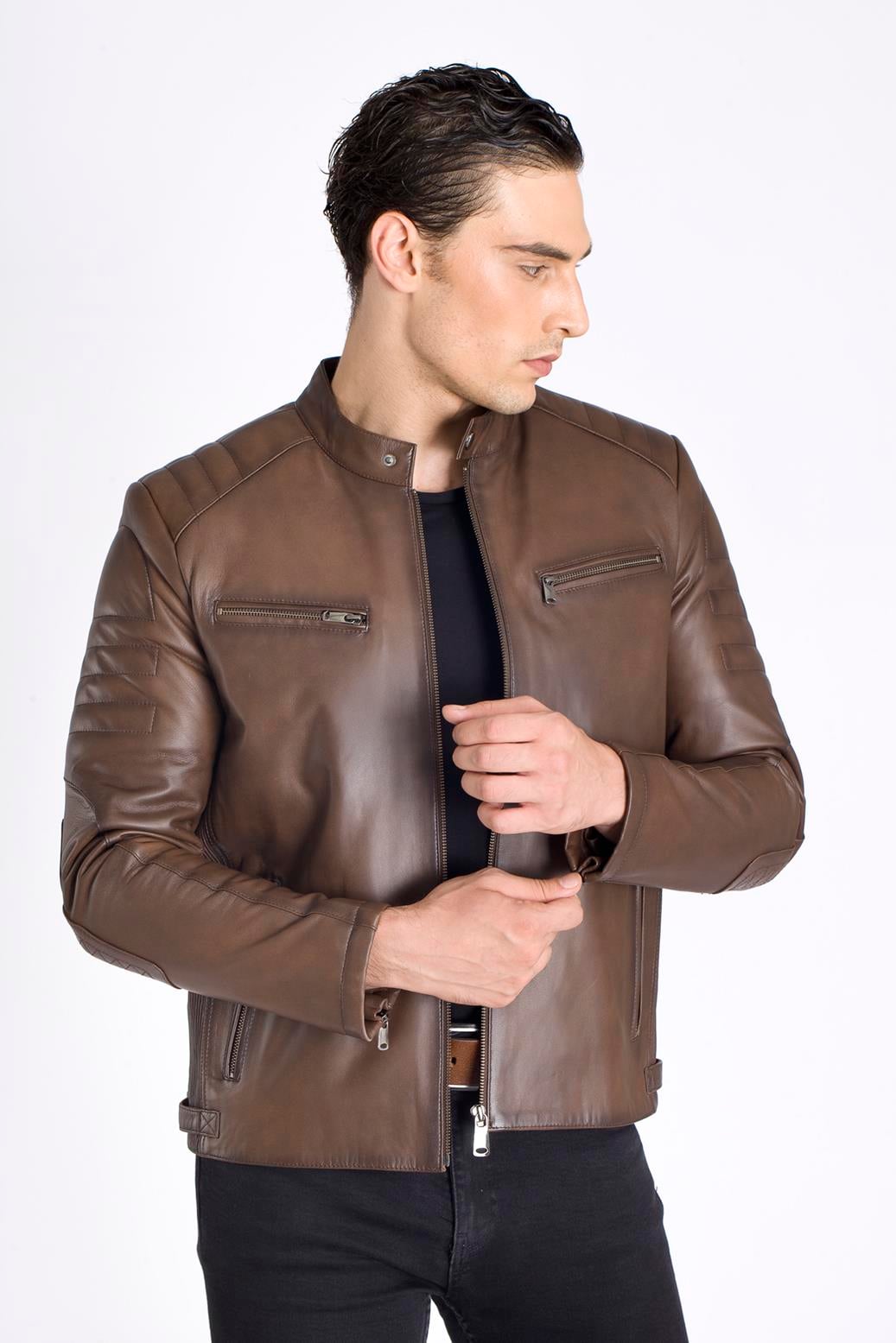Kahve Slim Fit Gerçek Deri Mont