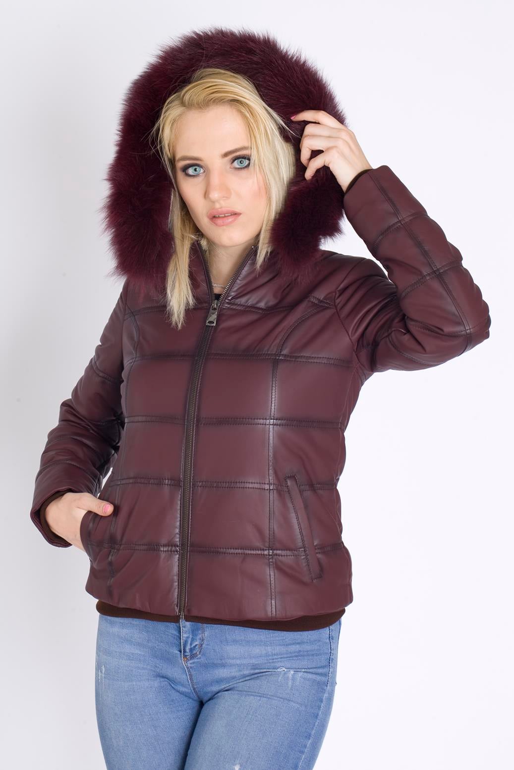 Kışlık Kapşonlu Bayan Deri Mont