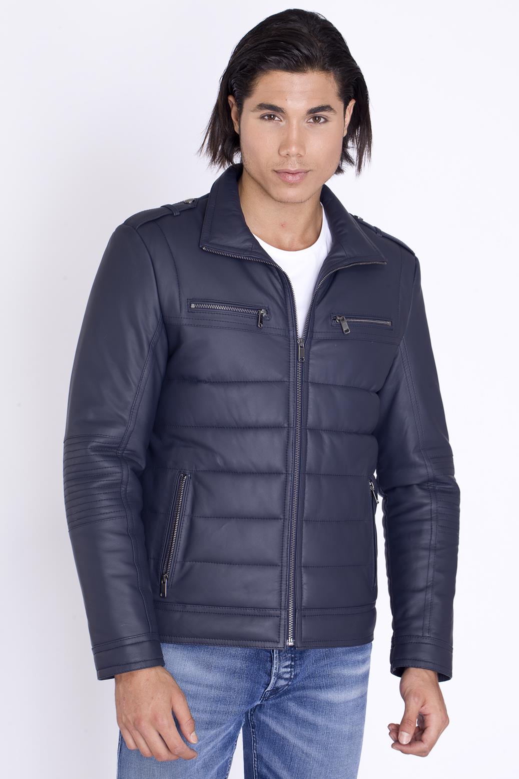 Kışlık Lacivert Şişme Orijinal Deri Mont