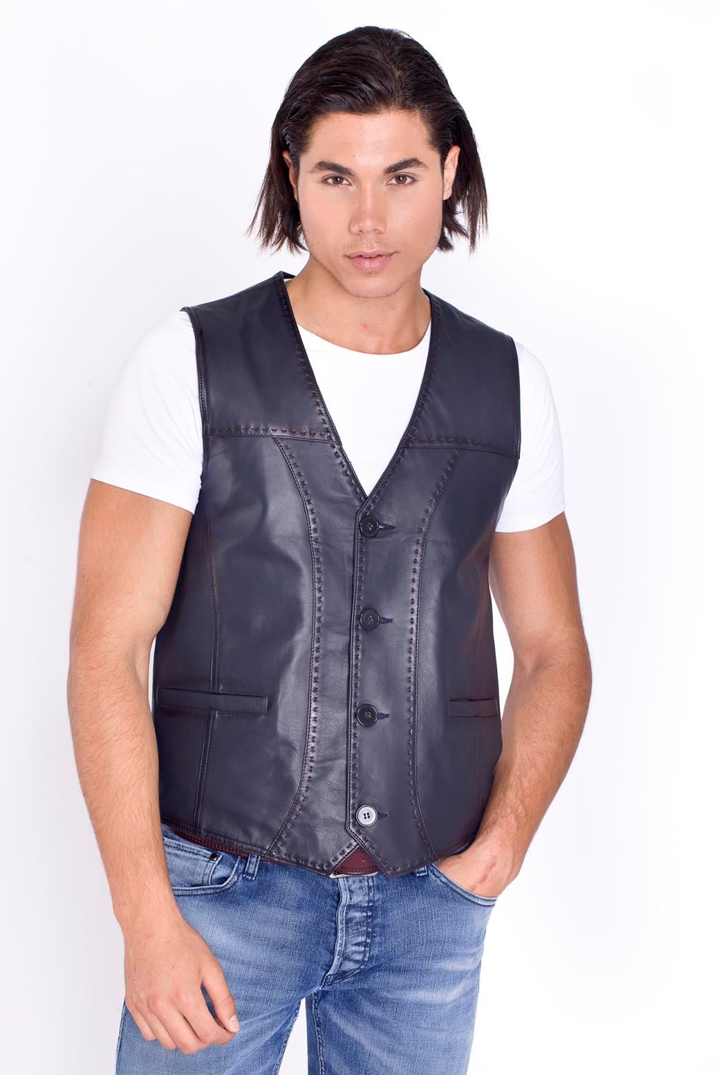 Lacivert Hakiki Deri Yelek