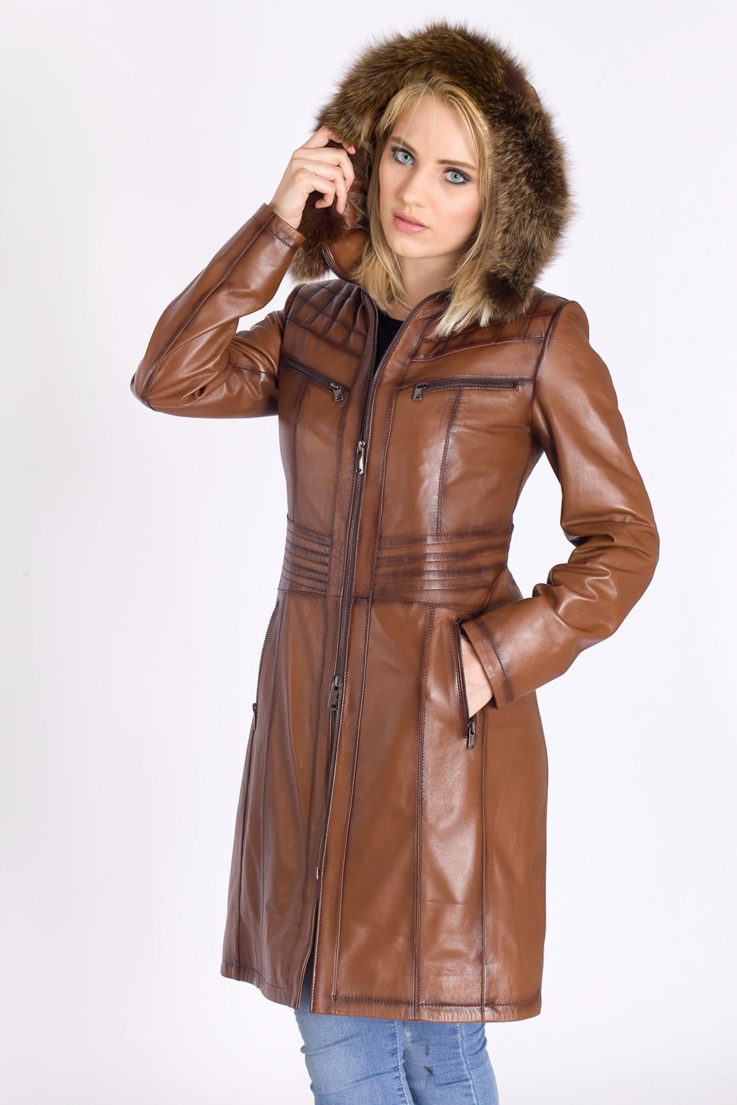 Şahin Deri Bayan Uzun Deri Mont