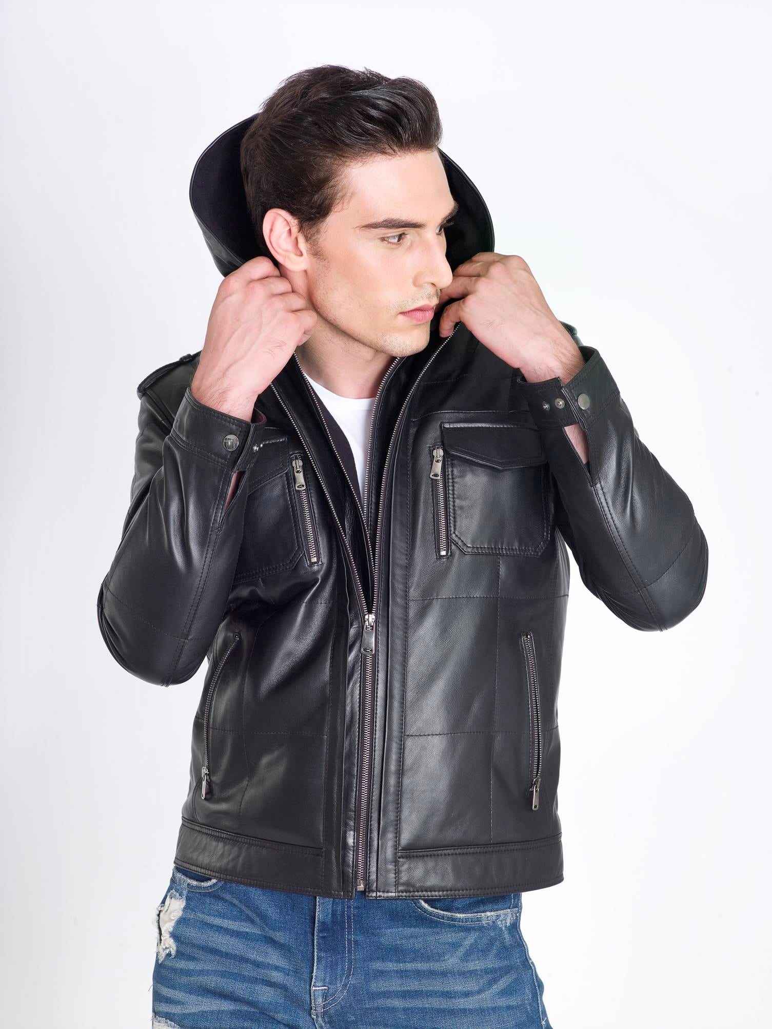 Siyah Kapşonlu Gerçek Deri Mont