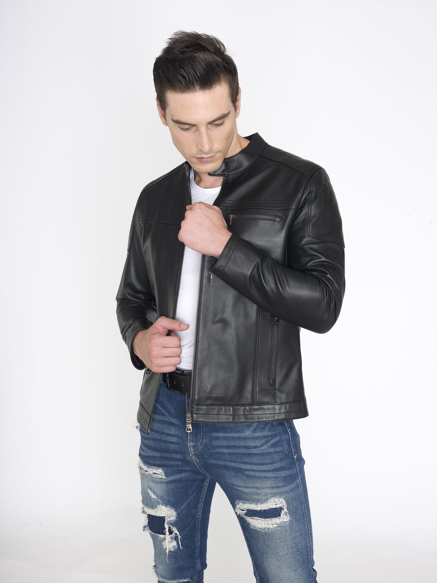 Slim Fit Dik Yaka Gerçek Deri Mont