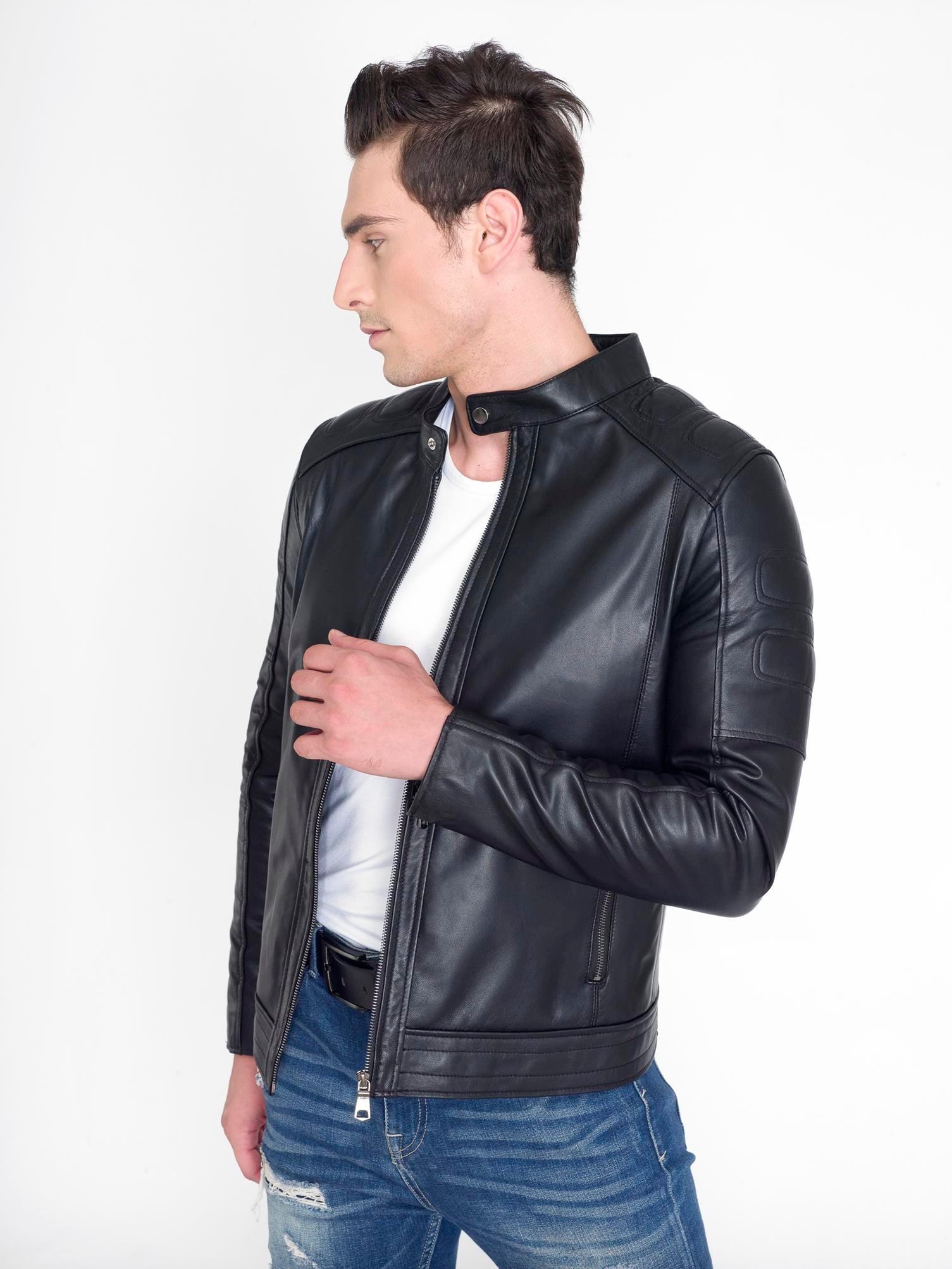 Spor Slim Fit Siyah Erkek Deri Mont