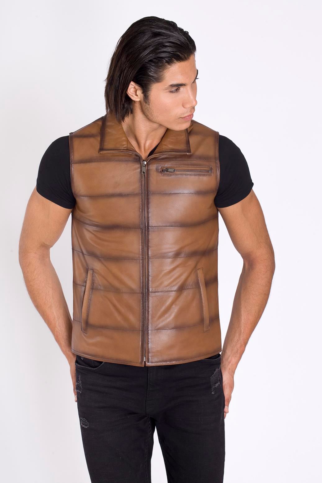 Taba Renk Hakiki Deri Yelek