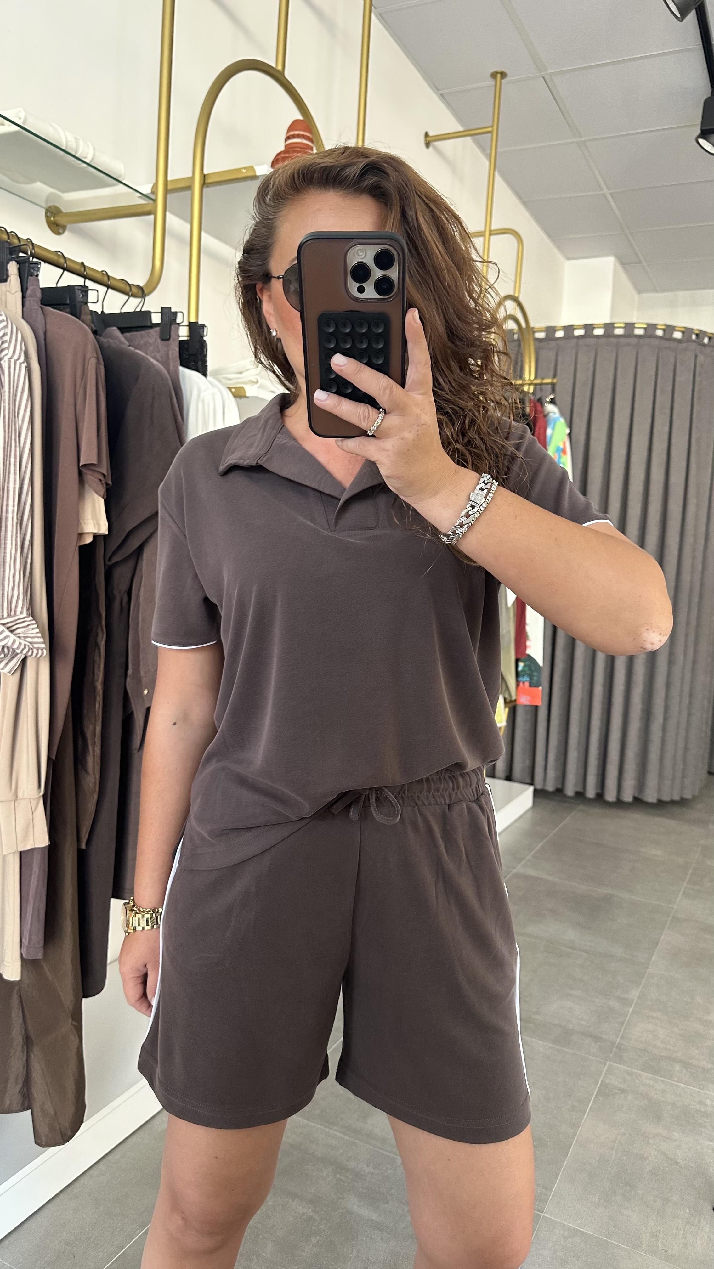 polo yaka çizgi kahve şort takım