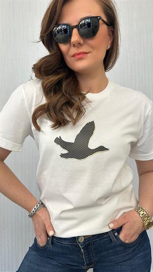 Çizgi kuş beyaz tshirt