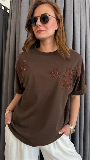 düşük kol boncuk detay kahve tshirt