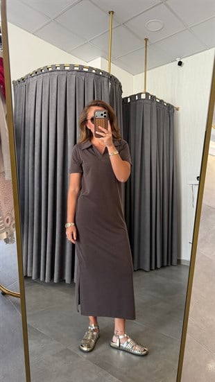 polo yaka pike modal kahve elbise