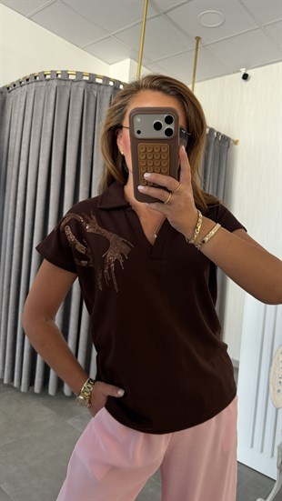 polo yaka pullu kahve tshirt
