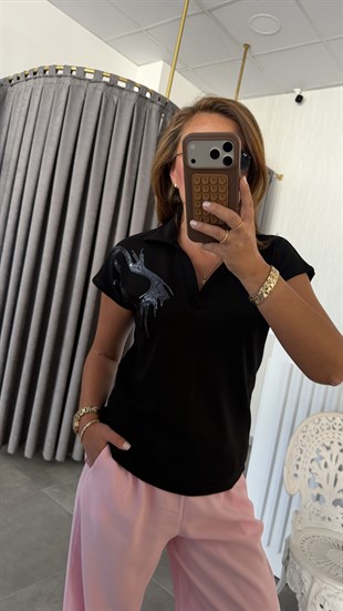 polo yaka pullu siyah tshirt