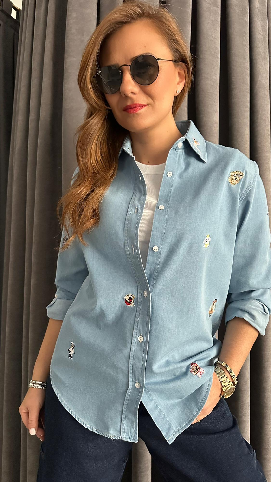 figür nakış denim gömlek