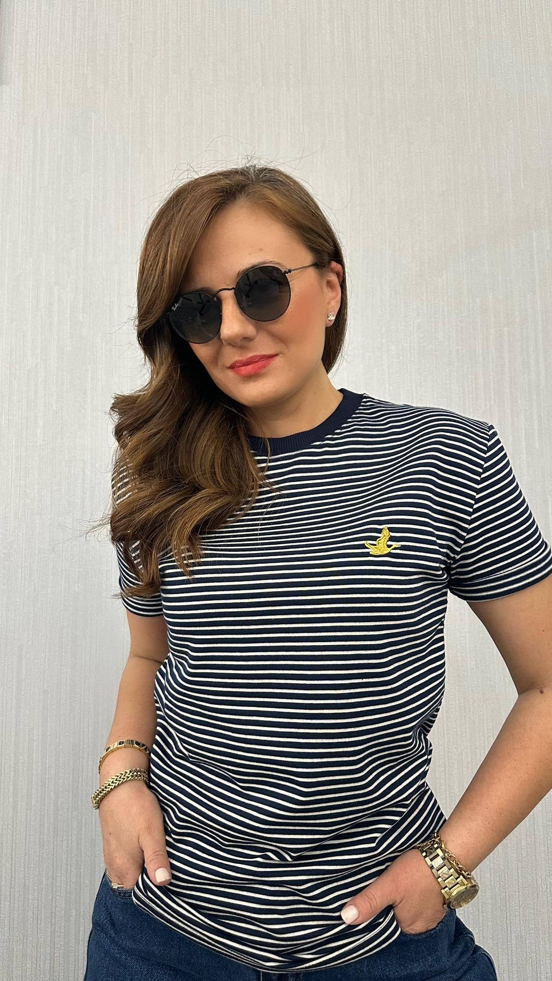 lacivert çizgili kuş logo tshirt
