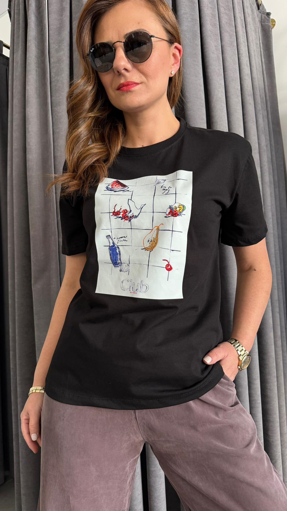 meyve baskı siyah tshirt