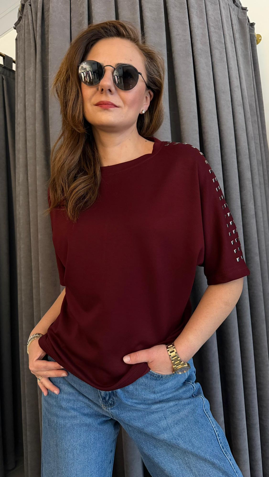 omuz zımba bordo modal tshirt
