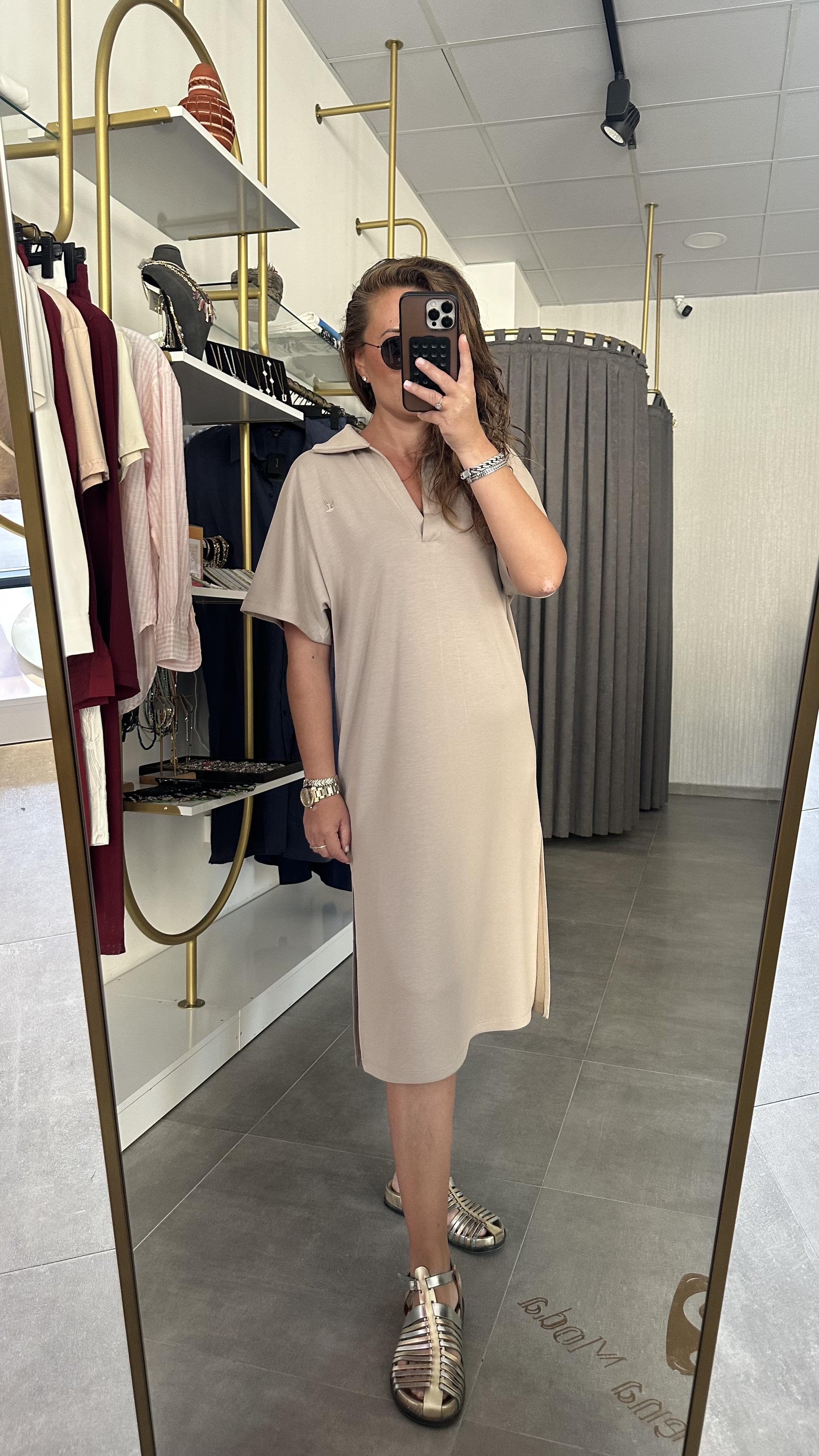 polo yaka bymn model bej elbise