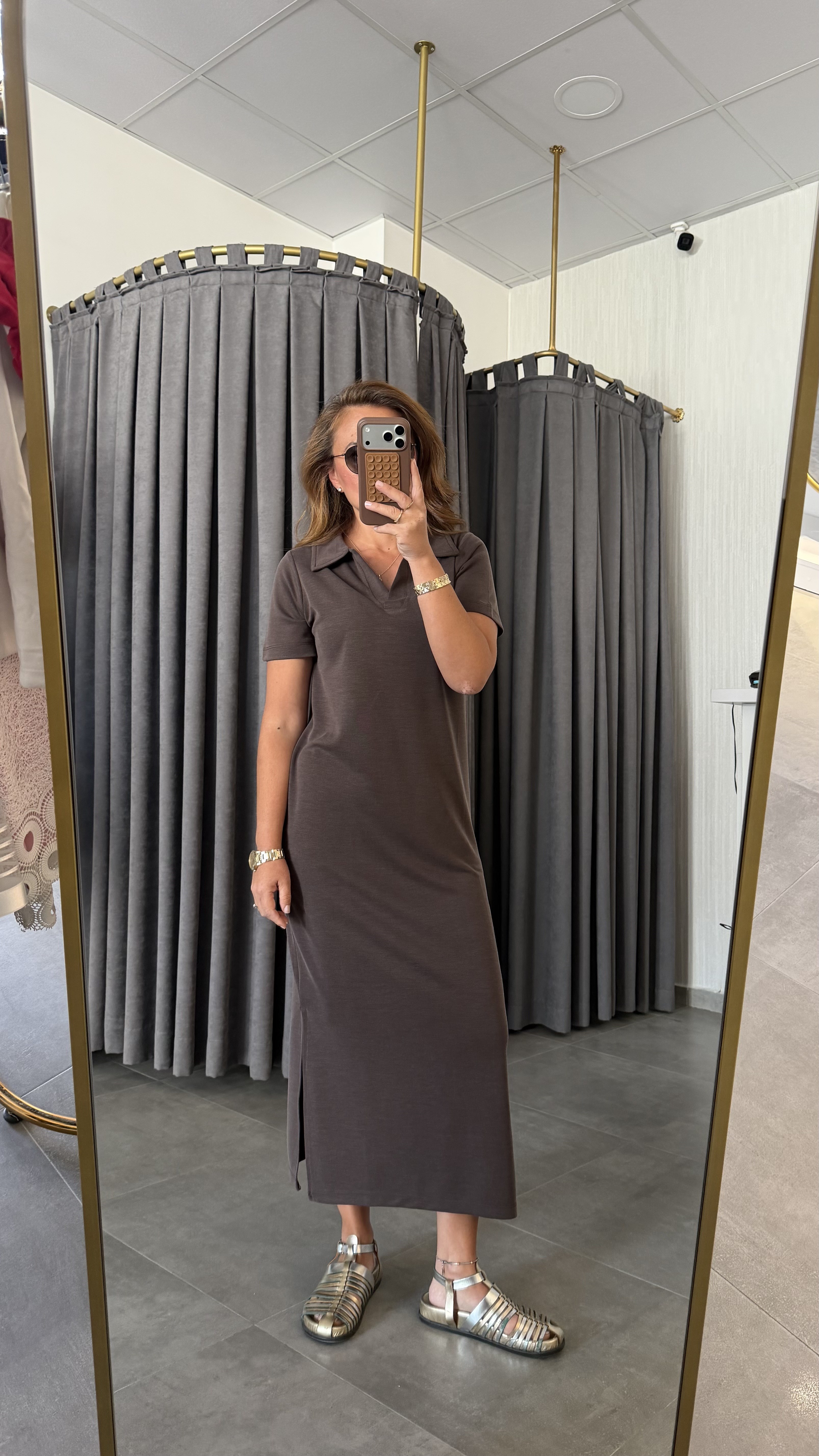 polo yaka pike modal kahve elbise