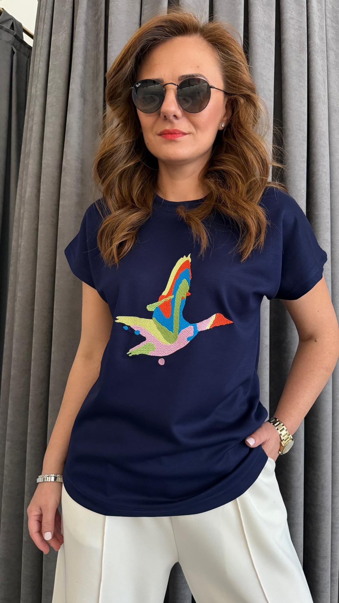 renkli kuş modal lacivert tshirt