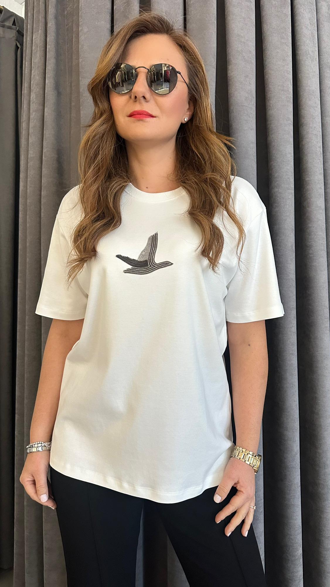 taşlı kuş beyaz tshirt