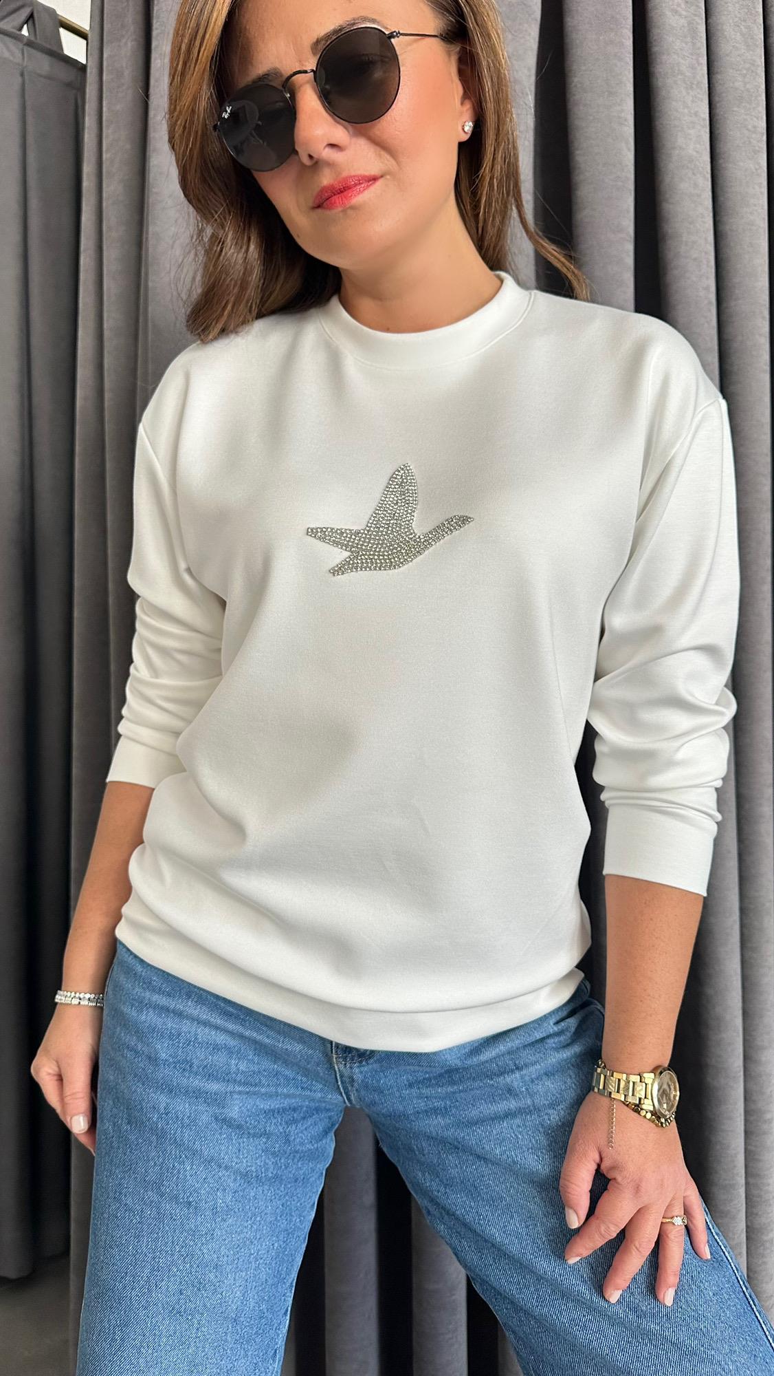 taşlı kuş ekru sweat