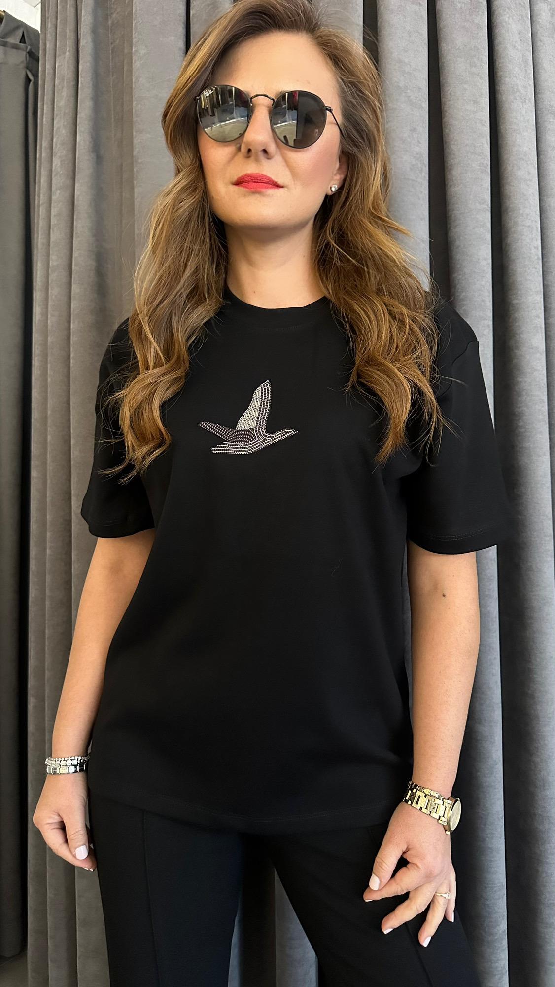 taşlı kuş siyah tshirt