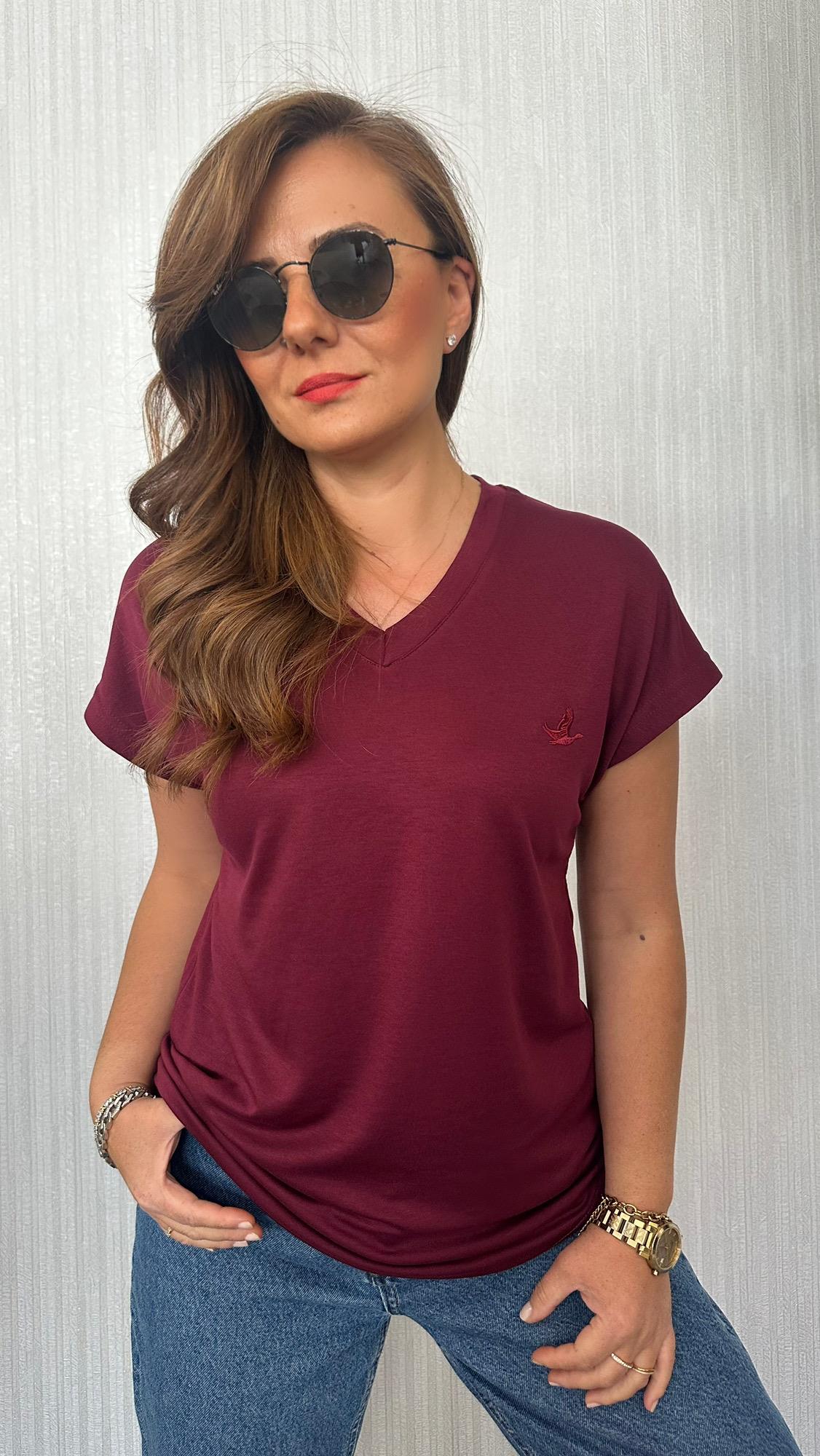 v yaka kuş bordo tshirt
