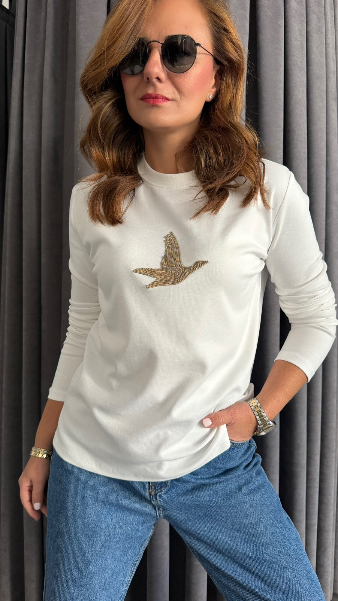 yeni kuş uzun kol beyaz tshirt