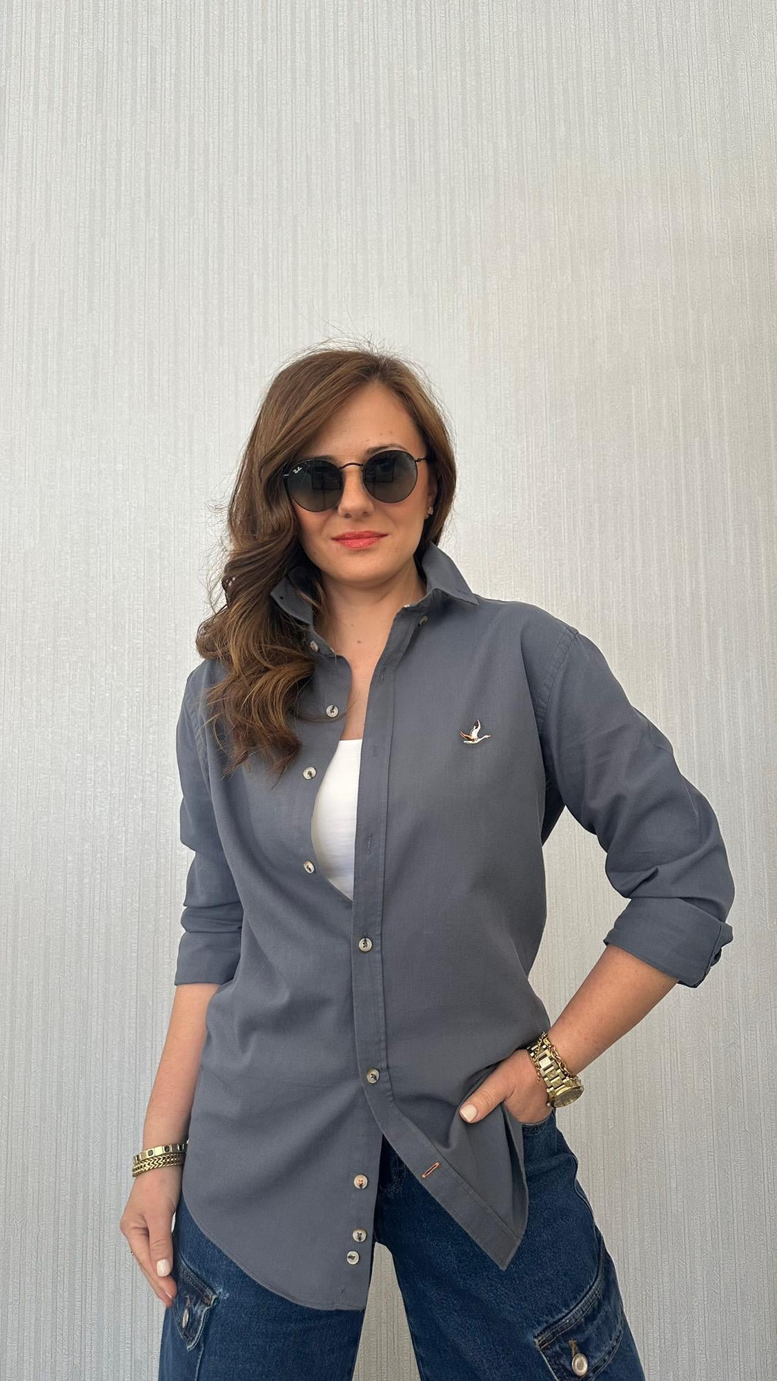 yıkama keten kuş gri mavi unısex gömlek