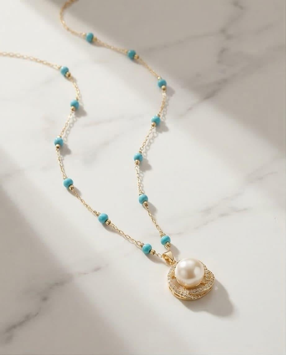 MAVİ BONCUKLU ORTASI İNCİ KOLYE