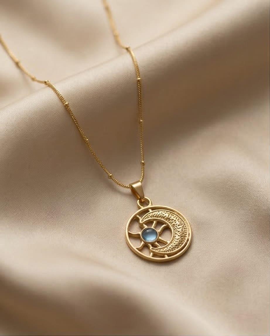 Mavi Taşlı Güneş Ay Kolye