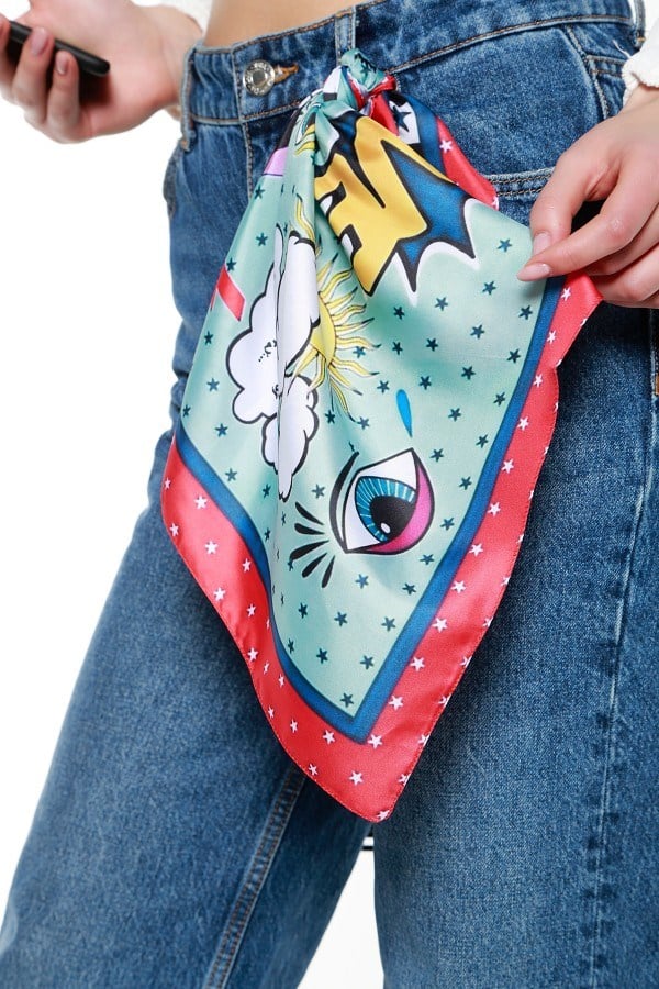 Göz Desenli Renkli Saten Bandana Fular 50x50 cm