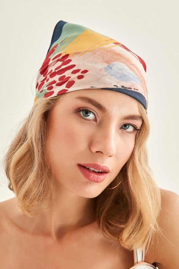 Lacivert Kenarlıklı Renkli Saten Bandana Fular 50x50 cm