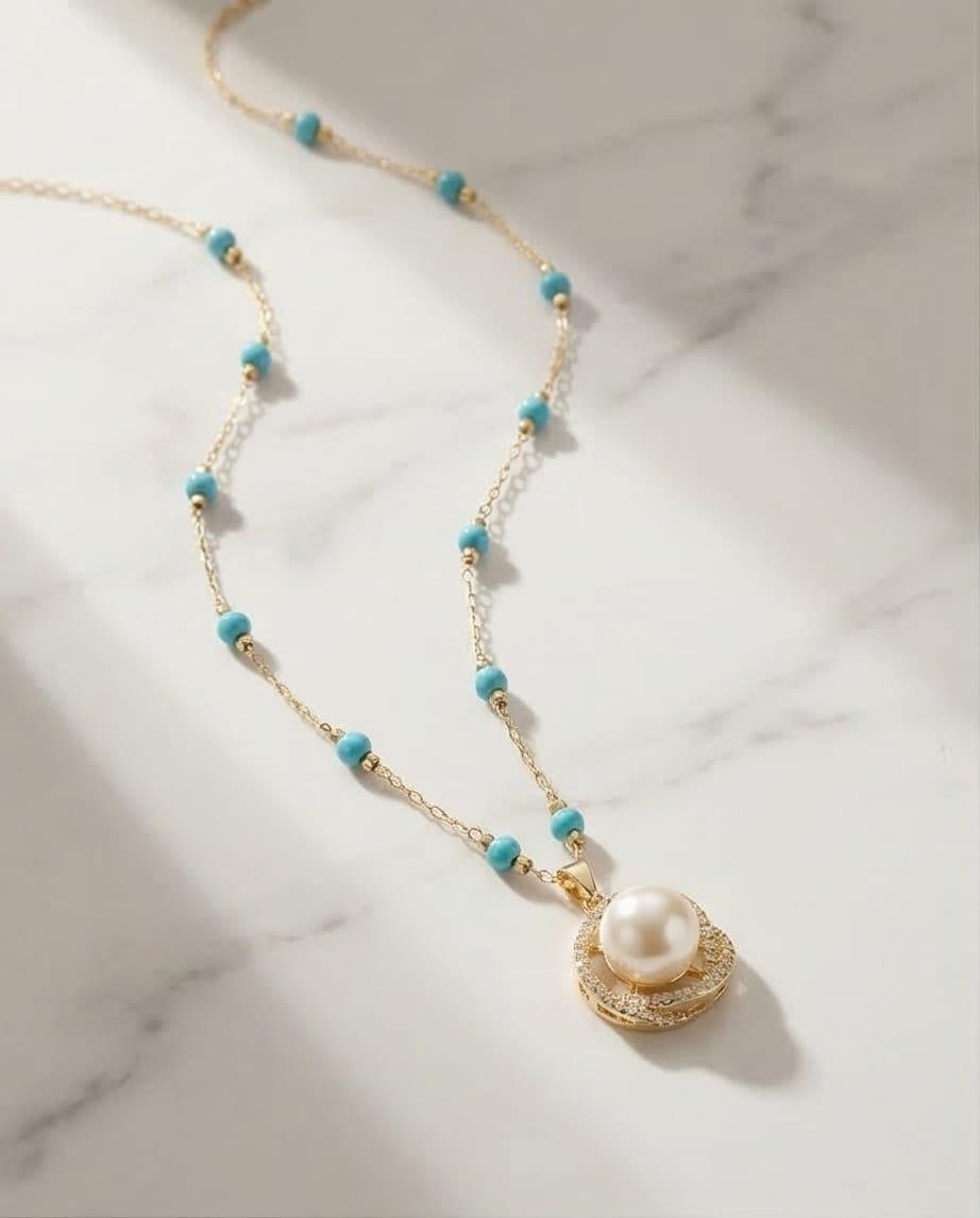 MAVİ BONCUKLU ORTASI İNCİ KOLYE