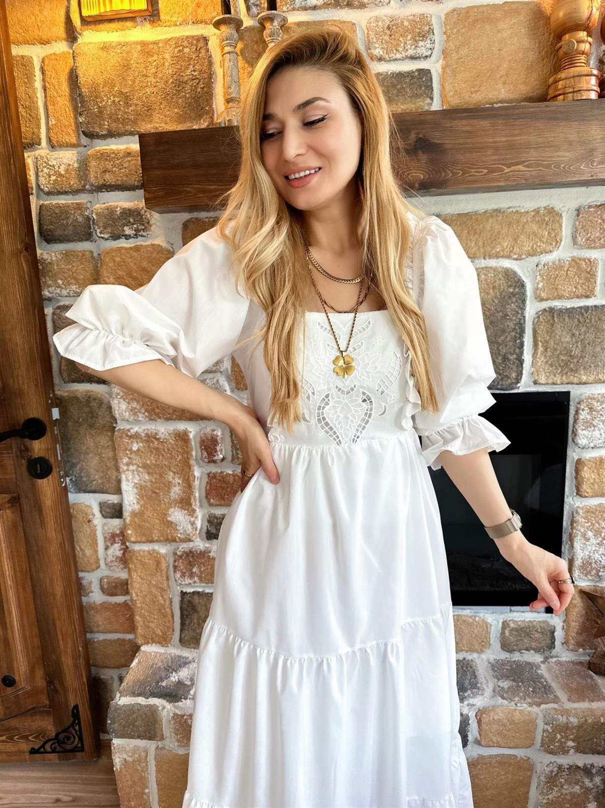 Beyaz Poplin Romantik Elbise | Neşe Dönmez