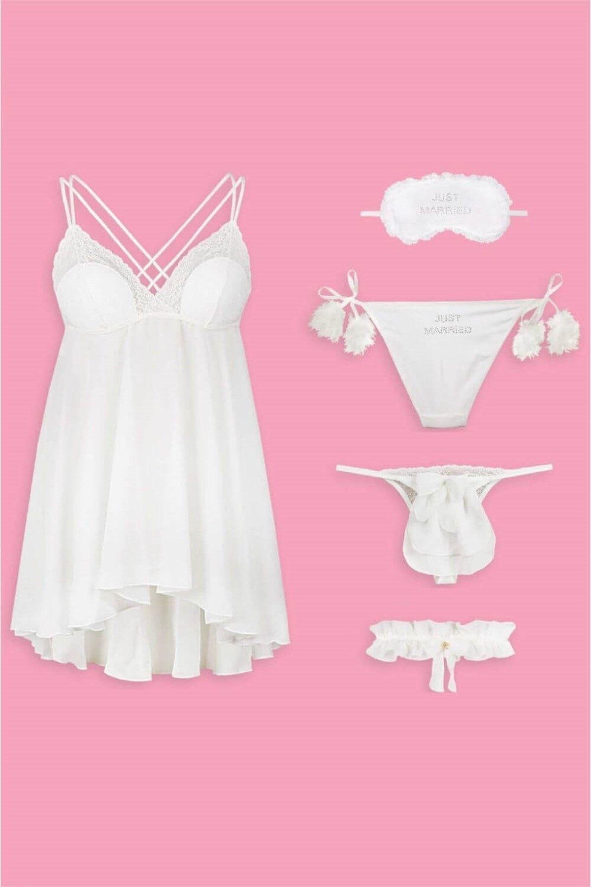 Magic Form Şifon Kumaşlı 5Li Takım Ekru Balayı Çeyiz Seti 50150