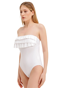 Zeki Önü Pilise Detaylı Beyaz Mayo 