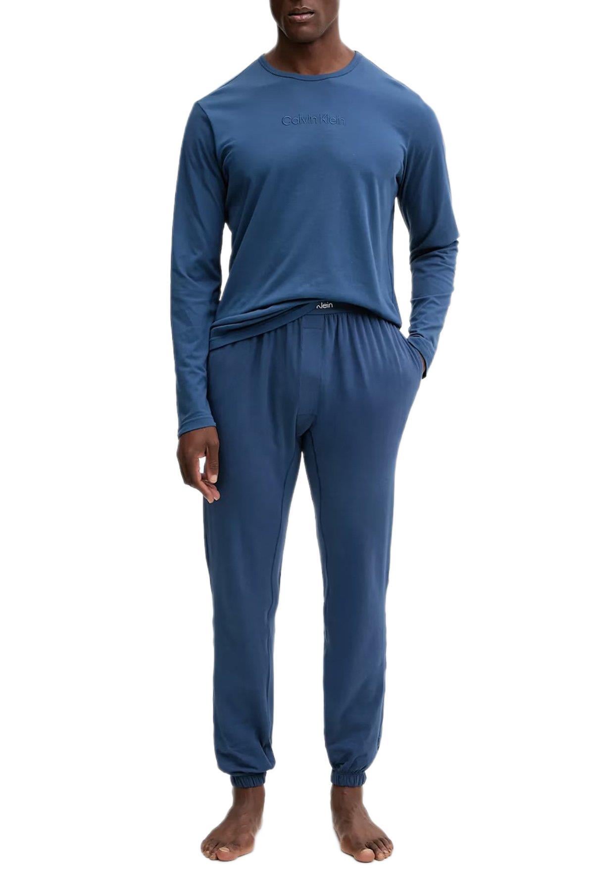 Calvin Klein Erkek Mavi L/S Tişört & Jogger Pantolon Pijama Takımı LV00NM2957